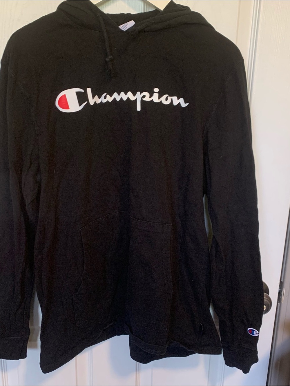 Champion Black Sweatshirt with White Logo Tape and Blue Label